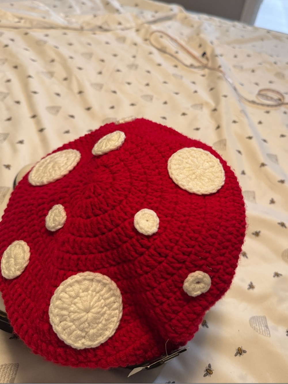 Red Crochet Mushroom Beanie with White Dots